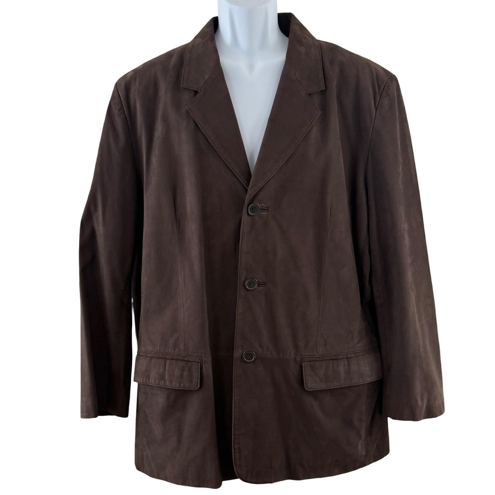Jones New York Blazer Mens 42R Brown Genuine Leather 3 Button Sport‎ Coat Y2K